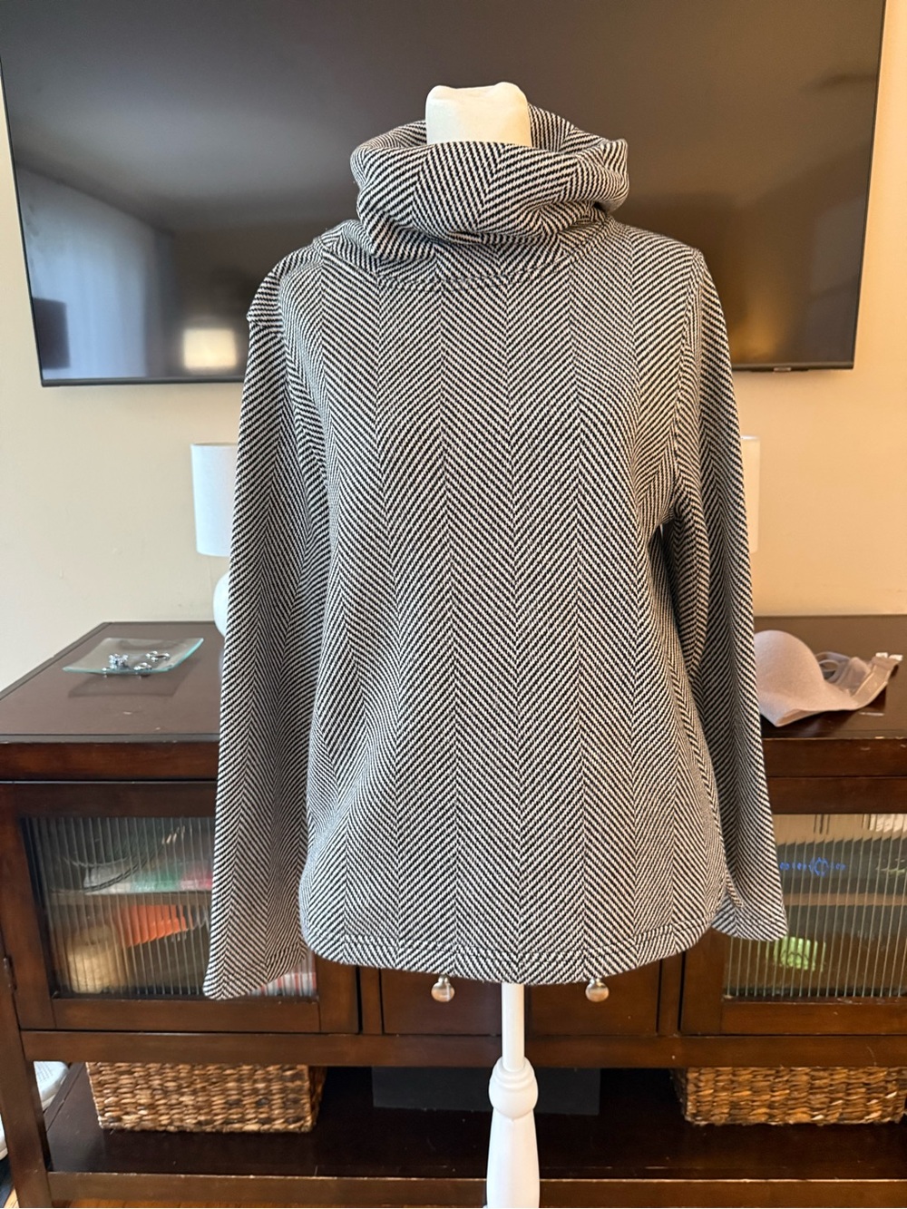 J. Crew Black & White Herringbone Cowl Neck Sweater